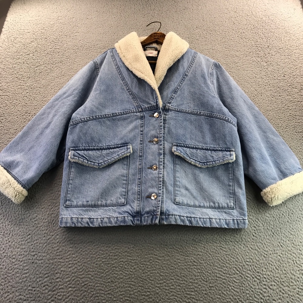 Xirena Burton Jacket Womens Extra Small Blue Denim Sherpa Collar Oversized